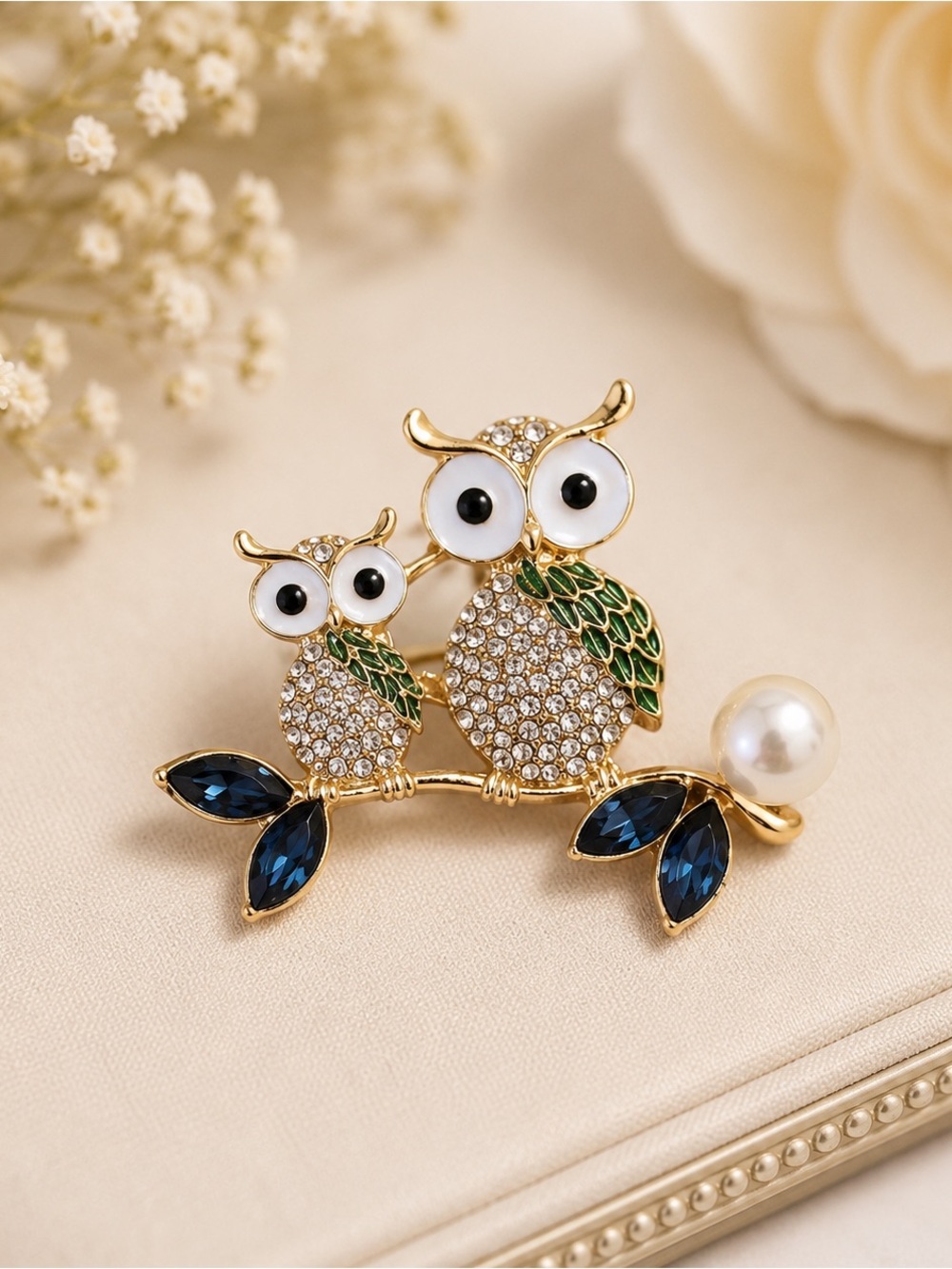 Gold Owl Duo Crystal Brooch with Blue and Green Accents